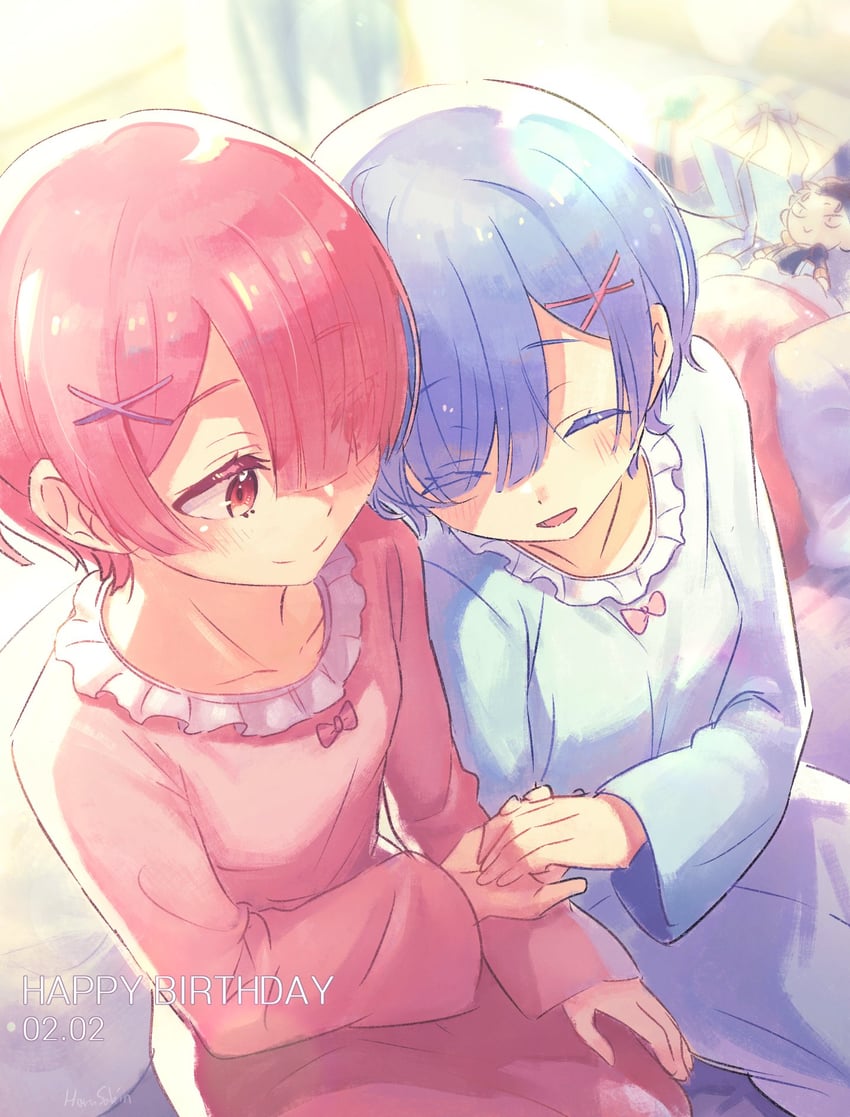 rem, ram, and natsuki subaru (re:zero kara hajimeru isekai seikatsu) drawn by harusabin