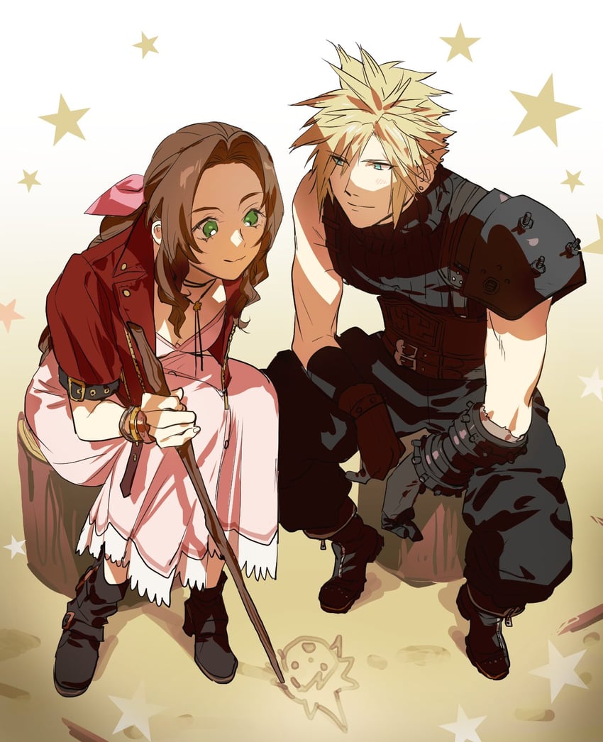 cloud strife and aerith gainsborough (final fantasy and 2 more) drawn by meameeea and mikuroron