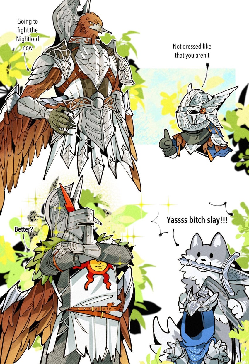 artorias the abysswalker, solaire of astora, great grey wolf sif, wylder, and guardian (elden ring and 4 more) drawn by drenched-in-sunlight