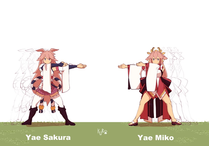 yae miko and yae sakura (genshin impact and 4 more) drawn by kuroqueta