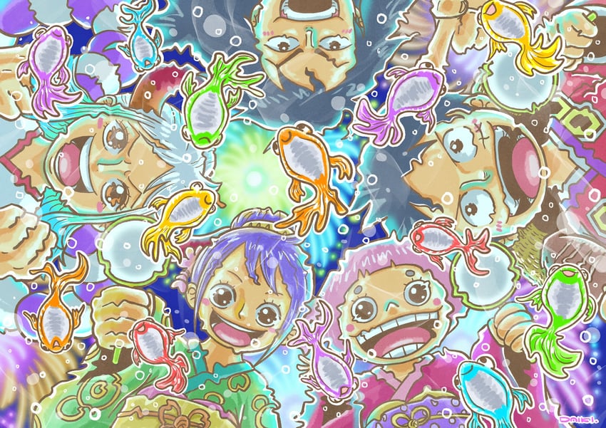 monkey d. luffy, yamato, kouzuki momonosuke, kurozumi tama, and toko (one piece) drawn by kumo_d7