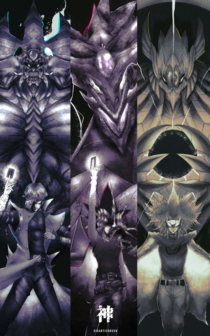 kaiba seto, yami yugi, yami marik, osiris the sky dragon, the winged dragon of ra, and 1 more (yu-gi-oh! and 1 more) drawn by giganticbrush
