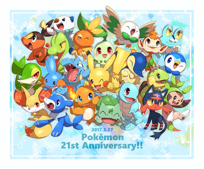 pikachu, rowlet, piplup, bulbasaur, sprigatito, and 23 more (pokemon) drawn by makoto_ikemu