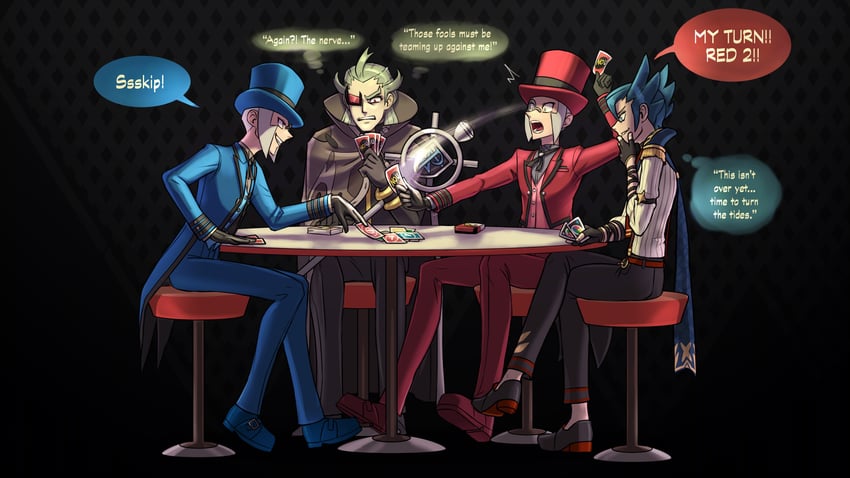 ingo, emmet, grimsley, and ghetsis (pokemon and 2 more) drawn by choochooboss