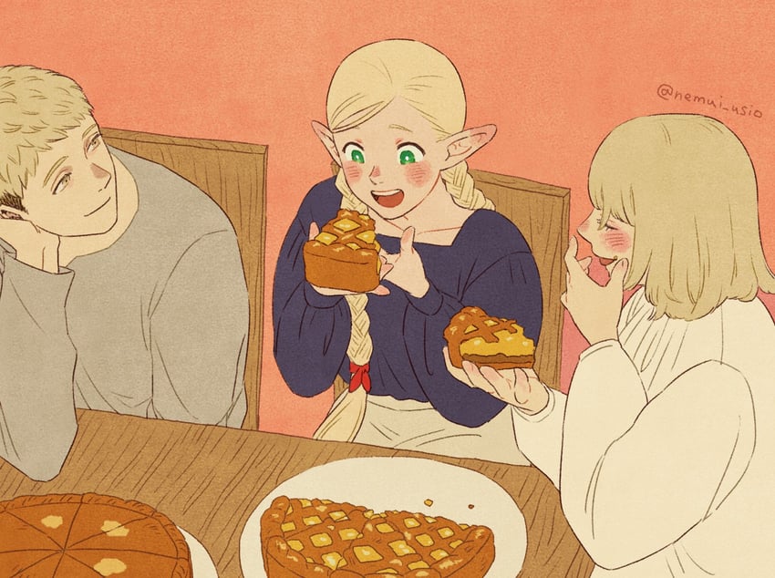 marcille donato, falin touden, and laios touden (dungeon meshi) drawn by nemui_usio