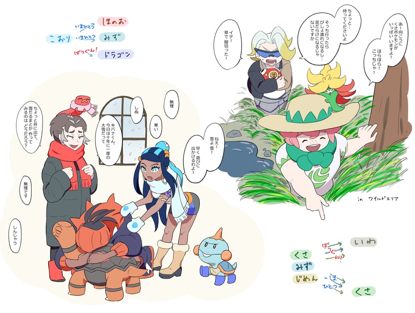 raihan, nessa, kabu, milo, torkoal, and 5 more (pokemon and 1 more) drawn by mira_(miramita8727)