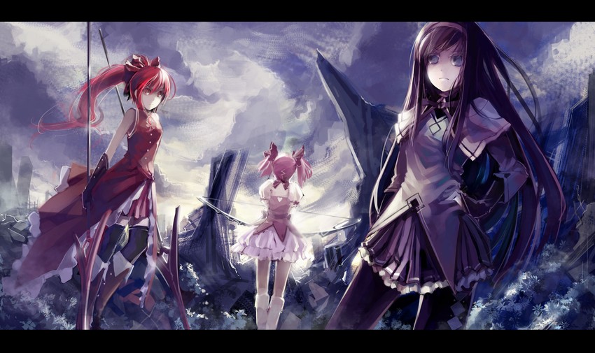 akemi homura, kaname madoka, and sakura kyoko (mahou shoujo madoka magica) drawn by blueman