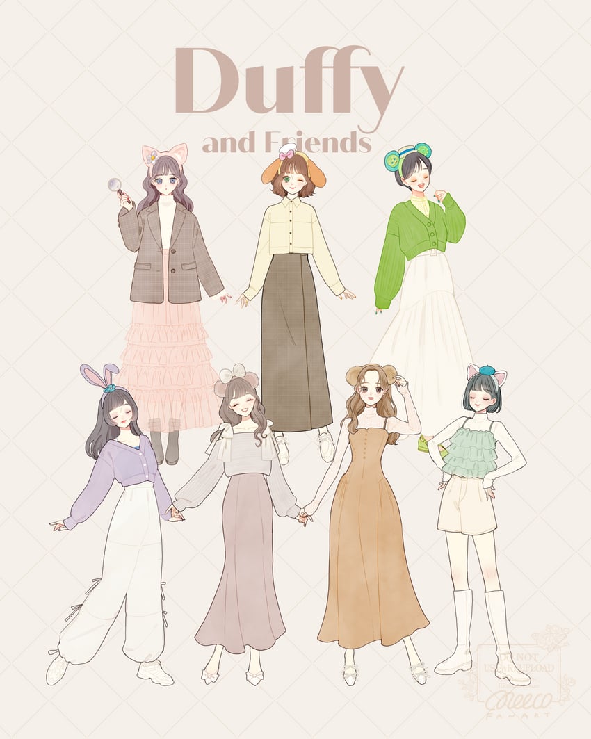 duffy the disney bear, gelatoni, shelliemay, stellalou, linabell, and 2 more (duffy and friends) drawn by meecosme