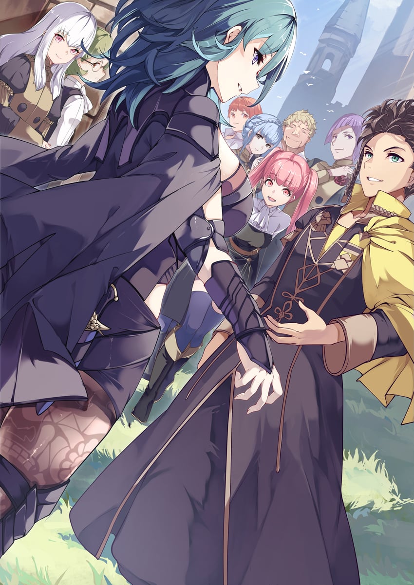 female byleth, hilda valentine goneril, lysithea von ordelia, marianne von edmund, claude von riegan, and 4 more (fire emblem and 1 more) drawn by risumi_(taka-fallcherryblossom)