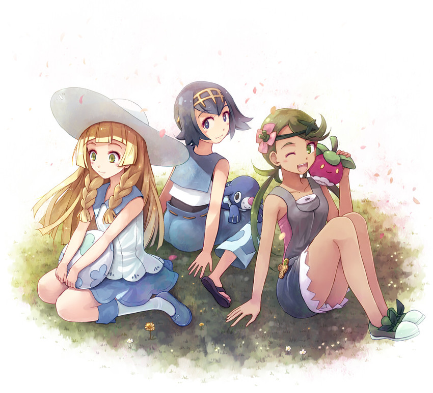 lillie, lana, mallow, popplio, and bounsweet (pokemon and 1 more) drawn by yakka