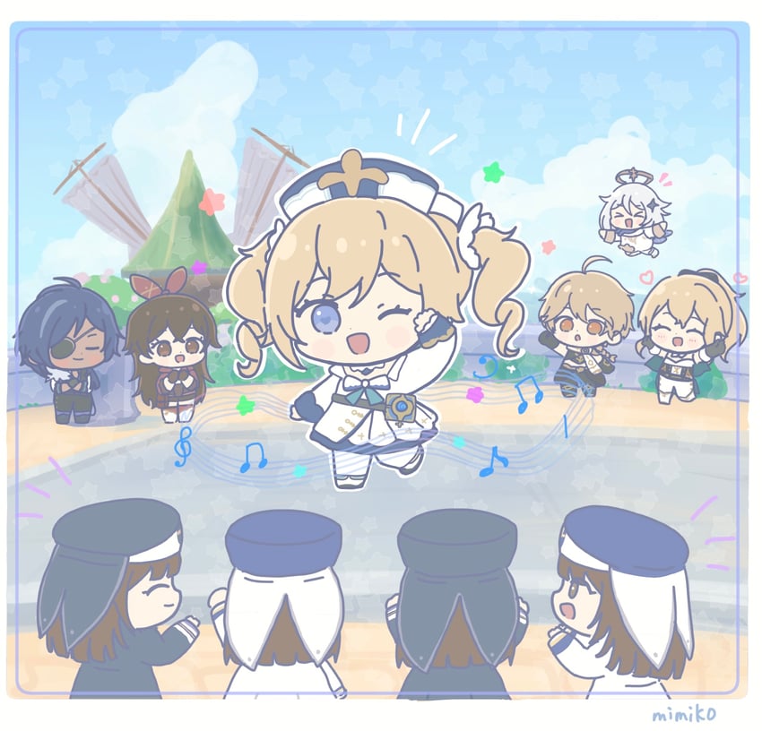 aether, paimon, barbara, jean, amber, and 1 more (genshin impact) drawn by mimiko_(neko_mimiko)