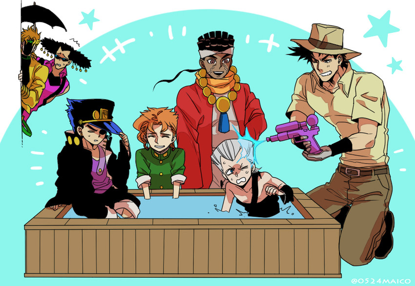 joseph joestar, kujo jotaro, dio brando, kakyoin noriaki, jean pierre polnareff, and 2 more (jojo no kimyou na bouken and 1 more) drawn by meiji_ken