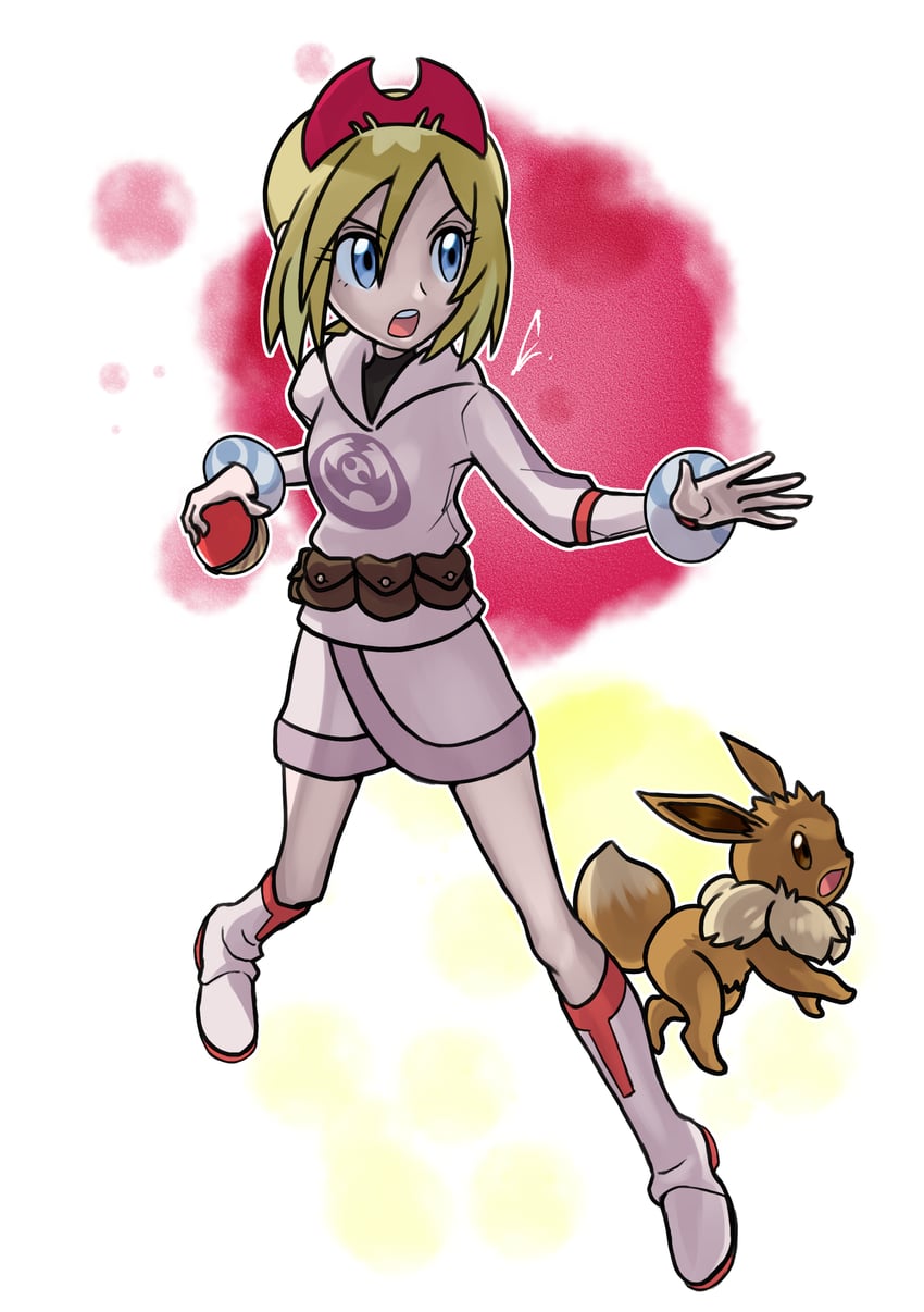 eevee and irida (pokemon and 1 more) drawn by fubo_(fubo_0623)