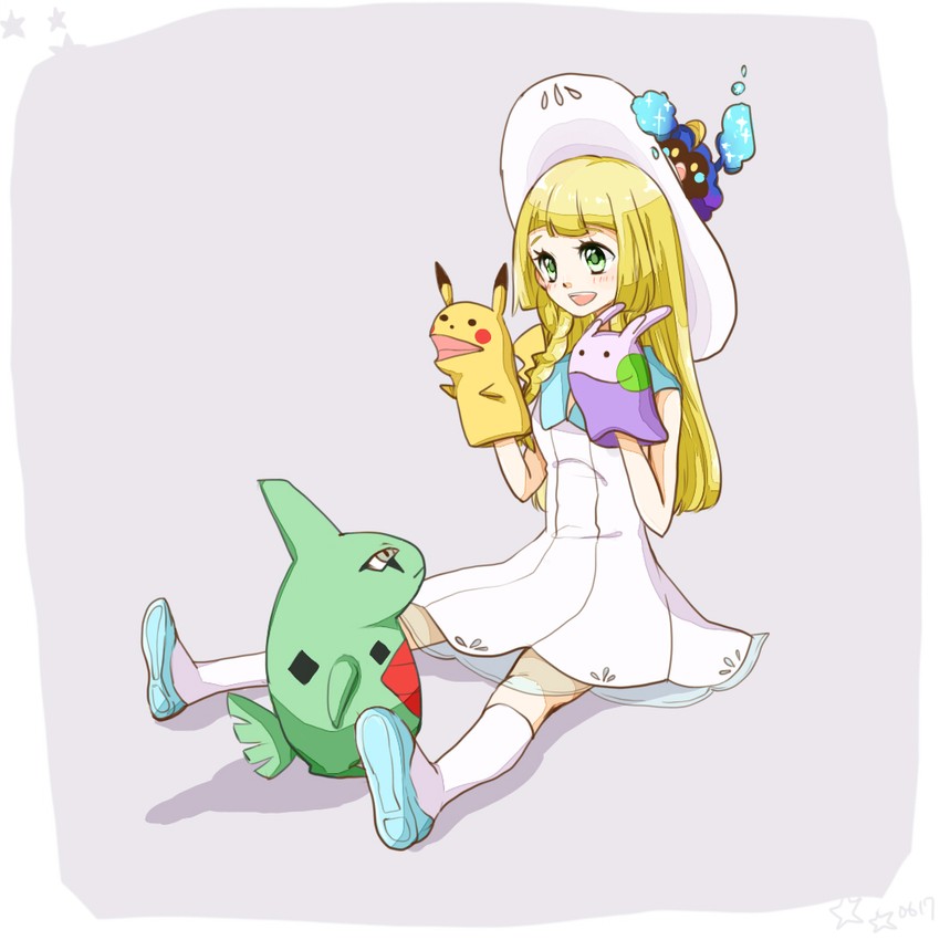 pikachu, lillie, cosmog, goomy, and larvitar (pokemon and 1 more) drawn by hmiiy_000