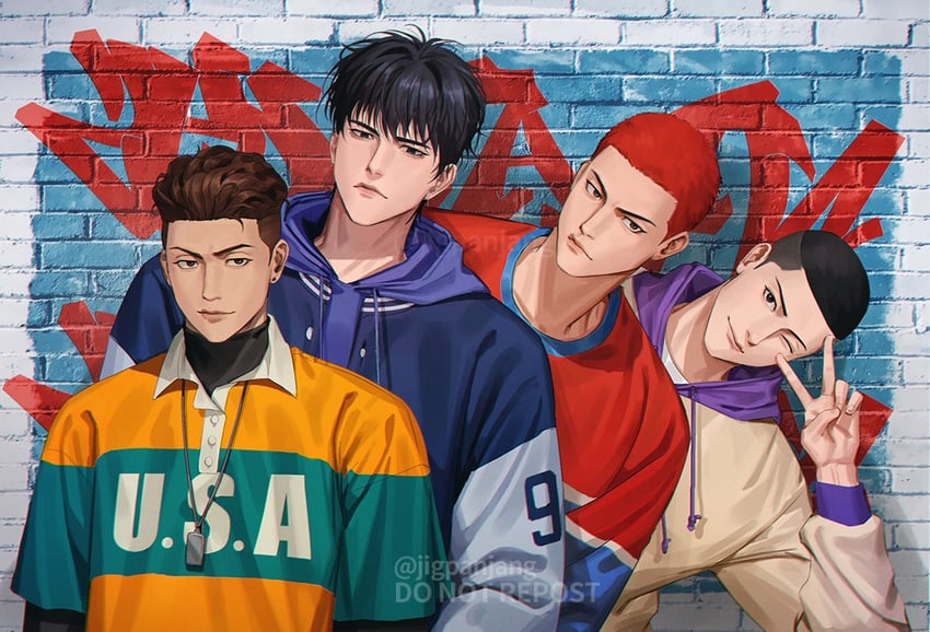 sakuragi hanamichi, rukawa kaede, miyagi ryouta, and sawakita eiji (slam dunk) drawn by jigpanjang