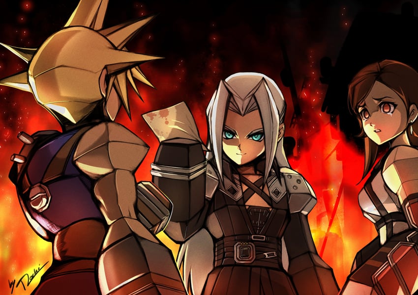 tifa lockhart, cloud strife, and sephiroth (final fantasy and 2 more) drawn by mochi_mangaka