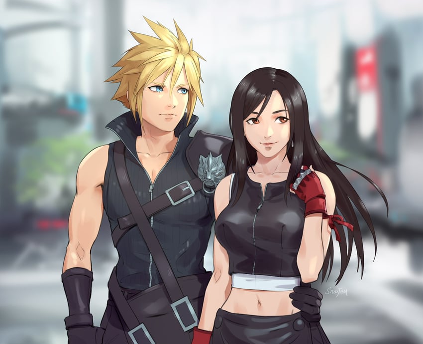 tifa lockhart, cloud strife, and fenrir (final fantasy and 2 more) drawn by stup-jam