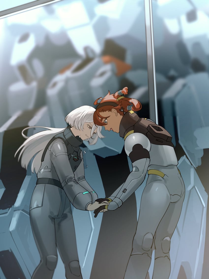 suletta mercury, miorine rembran, and gundam calibarn (gundam and 1 more) drawn by meo_(user_mcgv3275)