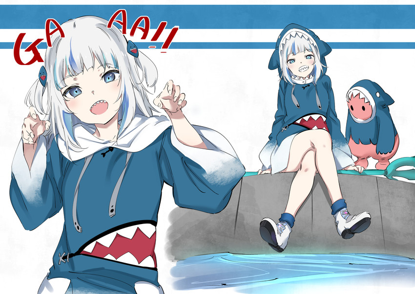 gawr gura and fall guy (hololive and 2 more) drawn by tashiro_tetsuya