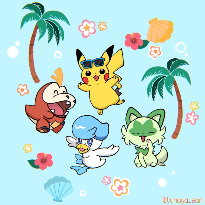 pikachu, sprigatito, fuecoco, and quaxly (pokemon) drawn by tunaya_san