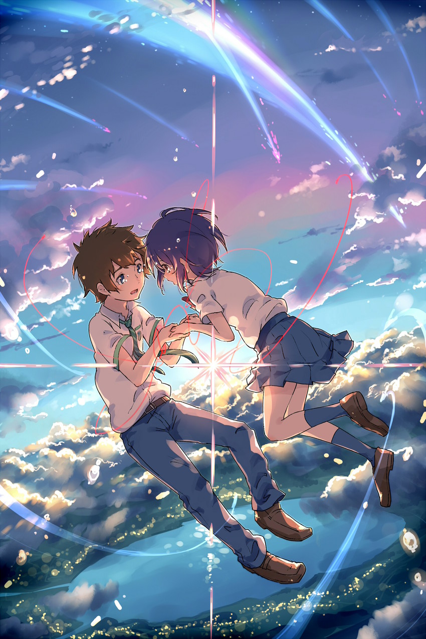 miyamizu mitsuha and tachibana taki (kimi no na wa.) drawn by ayakashi_(monkeypanch)