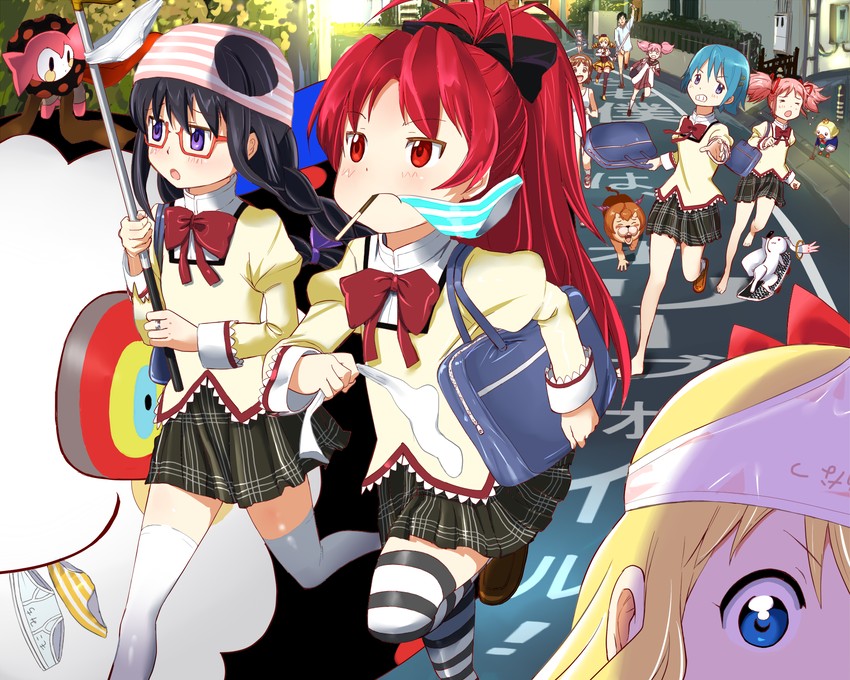 akemi homura, miki sayaka, sakura kyoko, tomoe mami, kyubey, and 7 more (mahou shoujo madoka magica and 3 more) drawn by mushi_gyouza