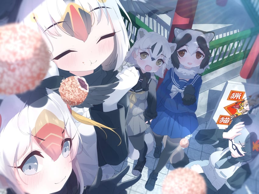 serval, atlantic puffin, tanuki, tufted puffin, danzaburou-danuki, and 1 more (kemono friends) drawn by sarutori