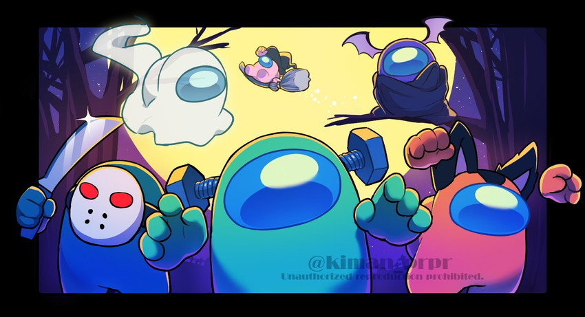 crewmate, frankenstein's monster, jason voorhees, white, blue, and 5 more (among us and 1 more) drawn by kiman