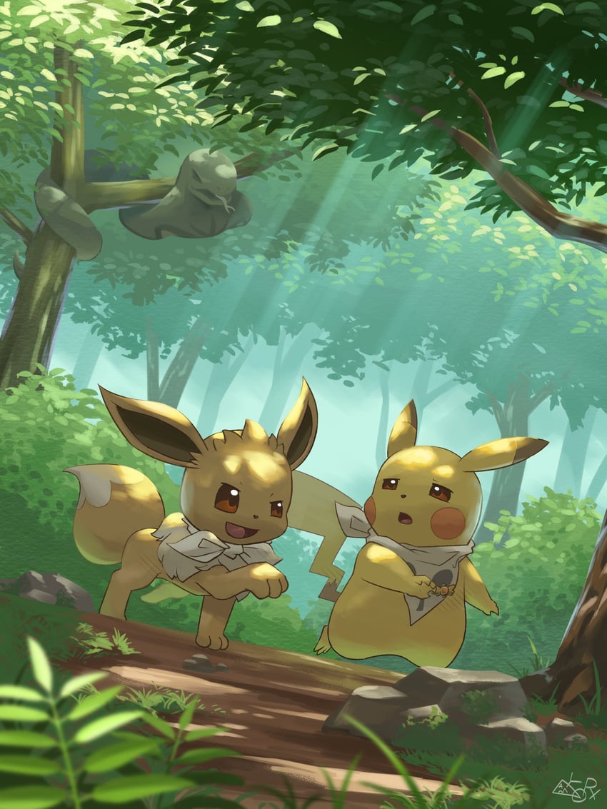 pikachu, eevee, and arbok (pokemon and 1 more) drawn by yamaori_(hakkentai_pokedan)