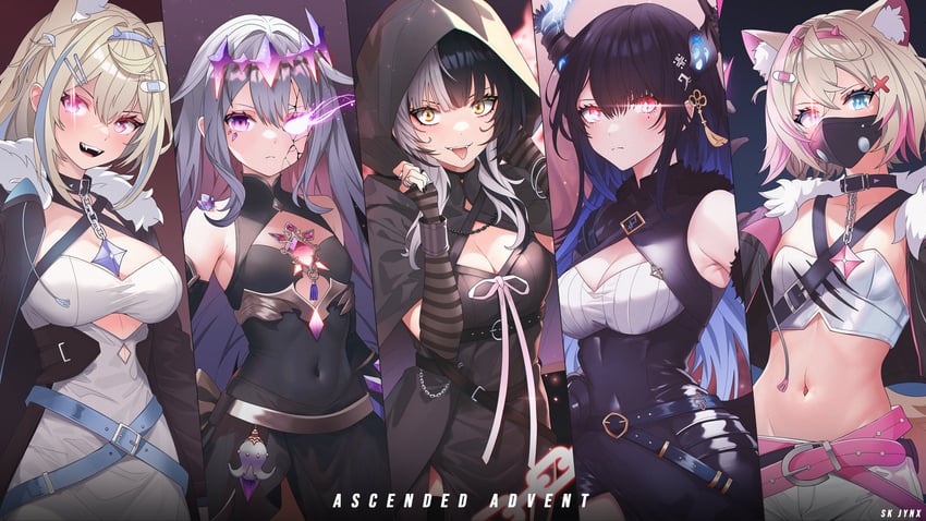 shiori novella, nerissa ravencroft, fuwawa abyssgard, mococo abyssgard, and koseki bijou (hololive and 1 more) drawn by sk_jynx
