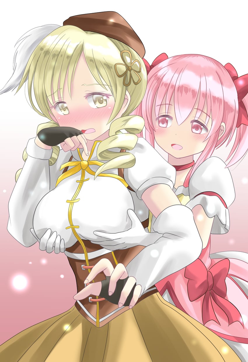 kaname madoka and tomoe mami (mahou shoujo madoka magica) drawn by zakiwo_(rrxn8224)