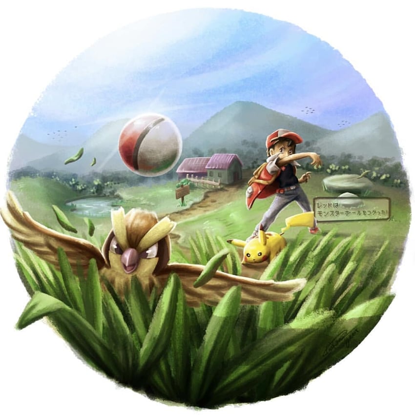 pikachu, red, and pidgey (pokemon and 1 more) drawn by giulliano_kenzo