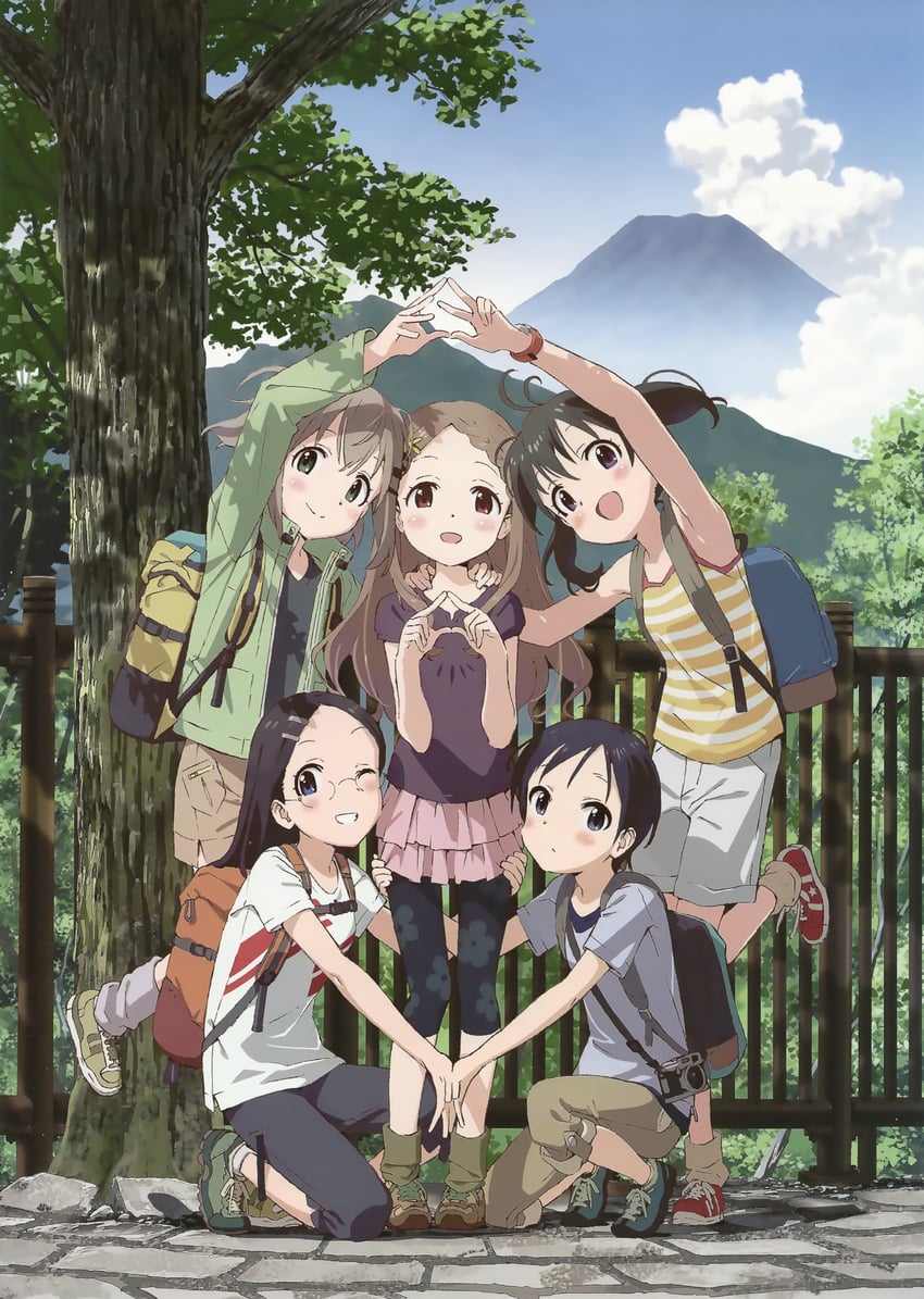 yukimura aoi, kuraue hinata, aoba kokona, saitou kaede, and kurosaki honoka (yama no susume) drawn by matsuo_yuusuke