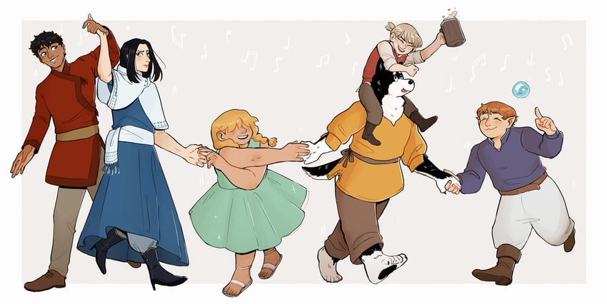 kabru, mickbell tomas, kuro, rin, holm kranom, and 1 more (dungeon meshi) drawn by treasureplcnet