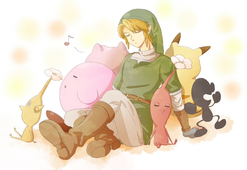 link, pikachu, kirby, jigglypuff, red pikmin, and 2 more (pokemon and 6 more) drawn by kudakeru