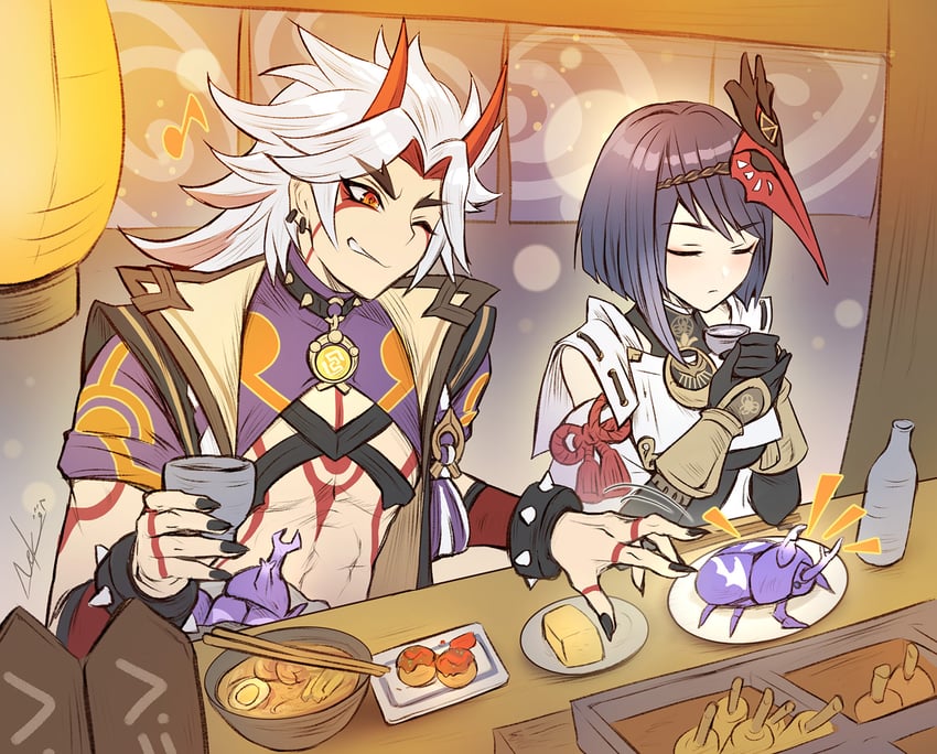 kujou sara, arataki itto, and onikabuto (genshin impact) drawn by nekobayashi