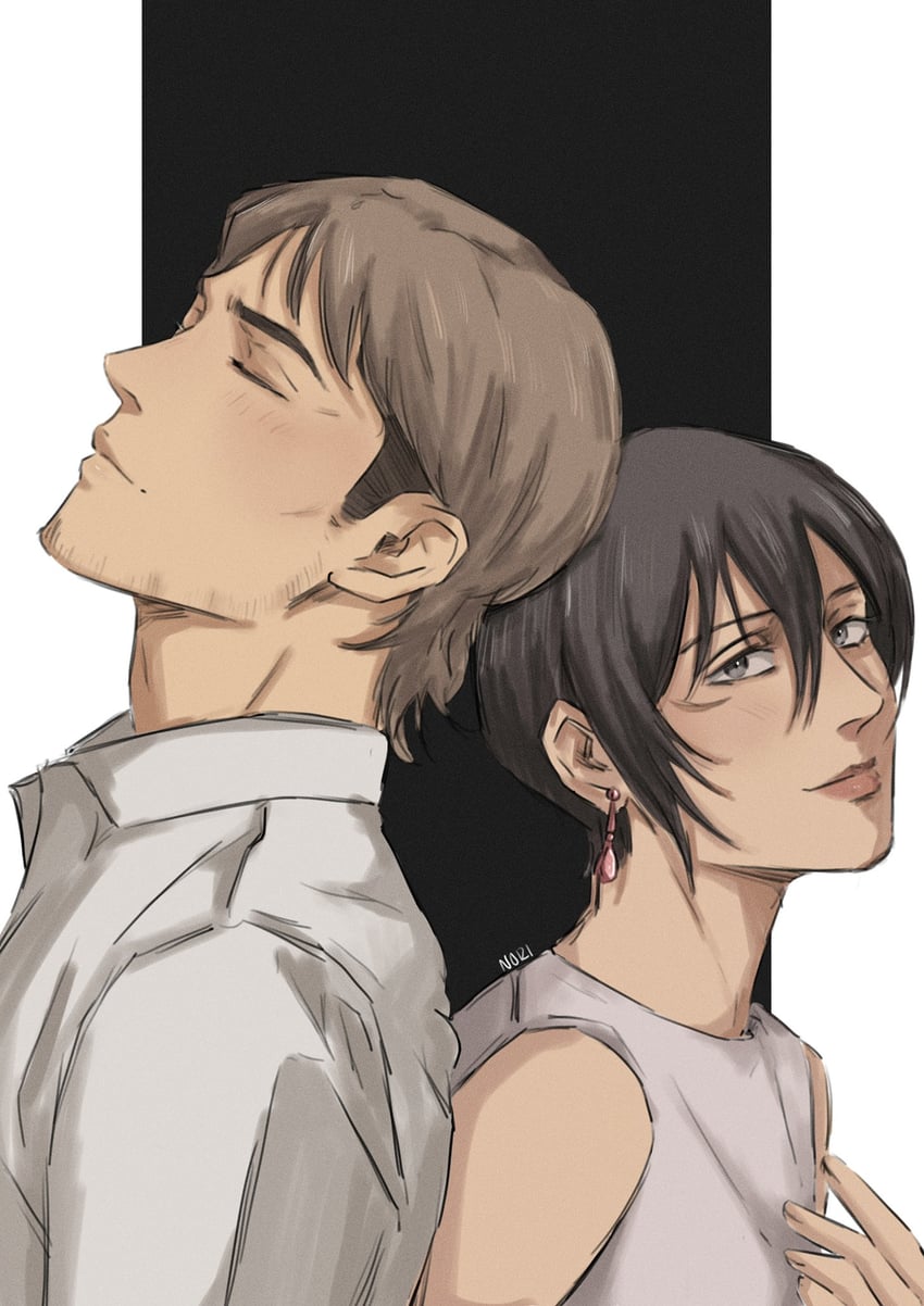 mikasa ackerman and jean kirstein (shingeki no kyojin) drawn by nori_(noriarchives)
