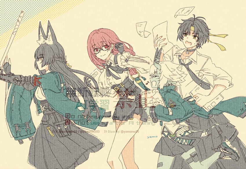 hoshimi miyabi, tsukishiro yanagi, soukaku, and asaba harumasa (zenless zone zero) drawn by yamo_(sky2world)