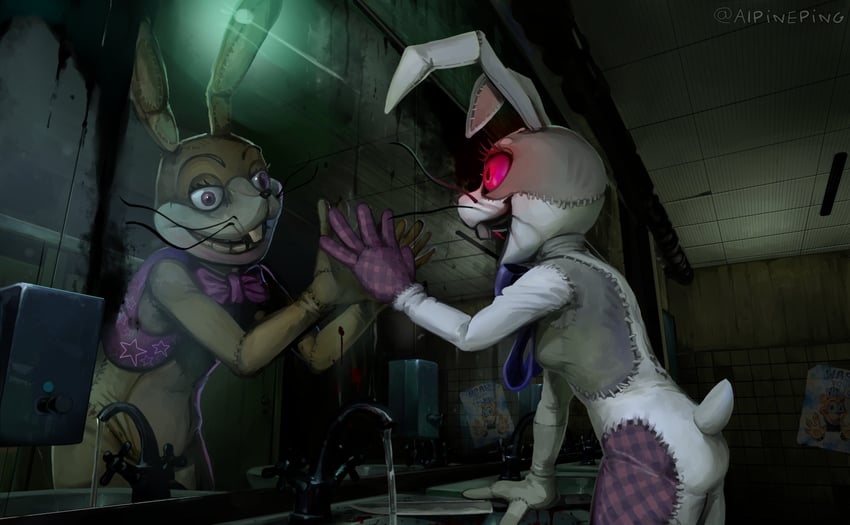 glamrock freddy, vanny, and glitchtrap (five nights at freddy's and 1 more) drawn by alpineping