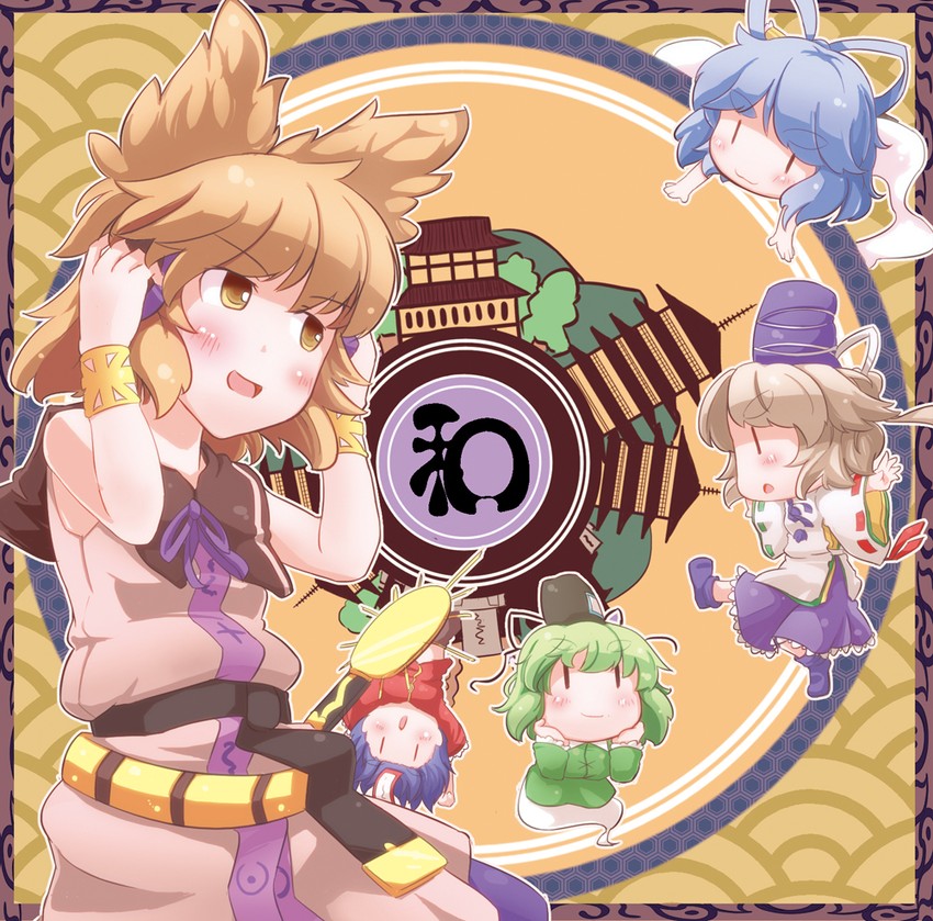 toyosatomimi no miko, mononobe no futo, kaku seiga, miyako yoshika, and soga no tojiko (touhou) drawn by mochinabe
