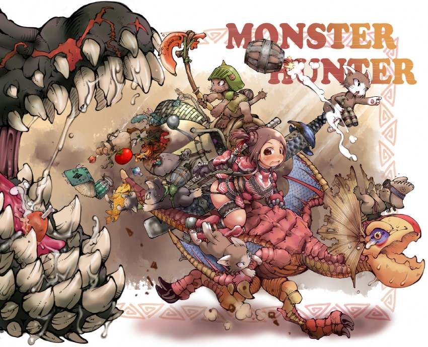 monster hunter, felyne, deviljho, and yian kut-ku (monster hunter) drawn by ibukichi