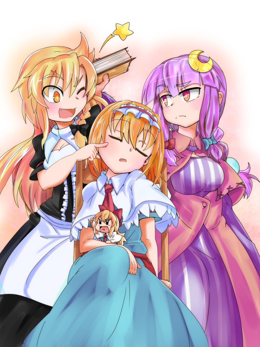 kirisame marisa, alice margatroid, patchouli knowledge, and shanghai doll (touhou) drawn by kokoperiiche