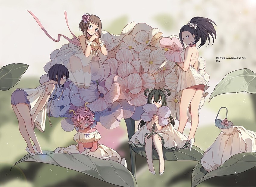 uraraka ochaco, asui tsuyu, yaoyorozu momo, ashido mina, jiro kyoka, and 1 more (boku no hero academia) drawn by mia0309