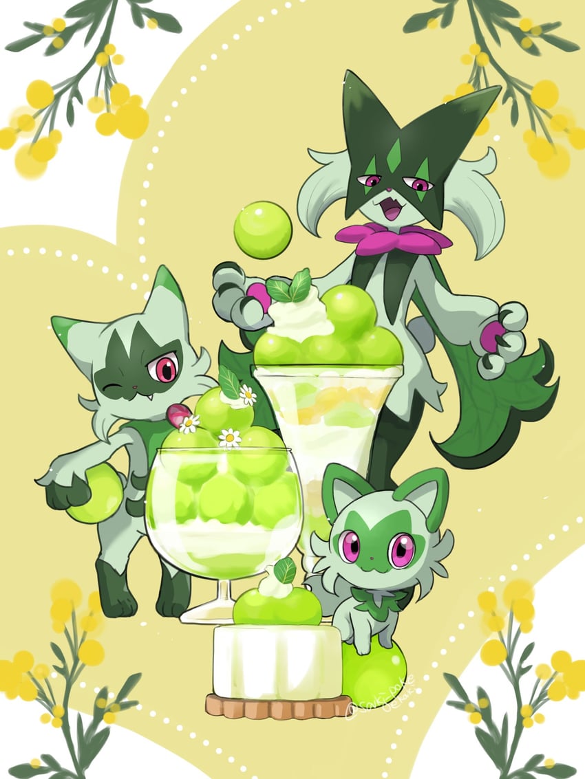 sprigatito, meowscarada, and floragato (pokemon) drawn by saki_pokeoekaki