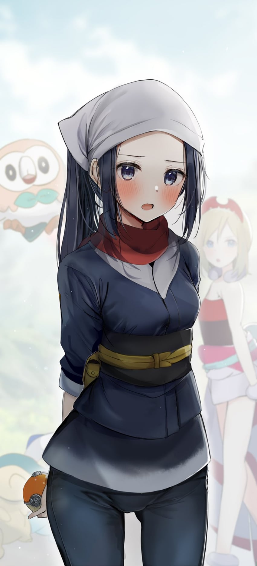 akari, rowlet, irida, oshawott, and cyndaquil (pokemon and 1 more) drawn by rouka_(akatyann)