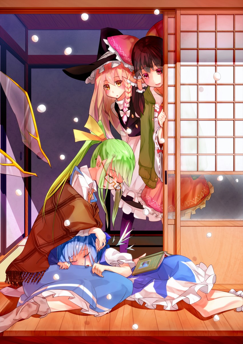 hakurei reimu, kirisame marisa, cirno, and daiyousei (touhou) drawn by kokono_(sakaebaka)