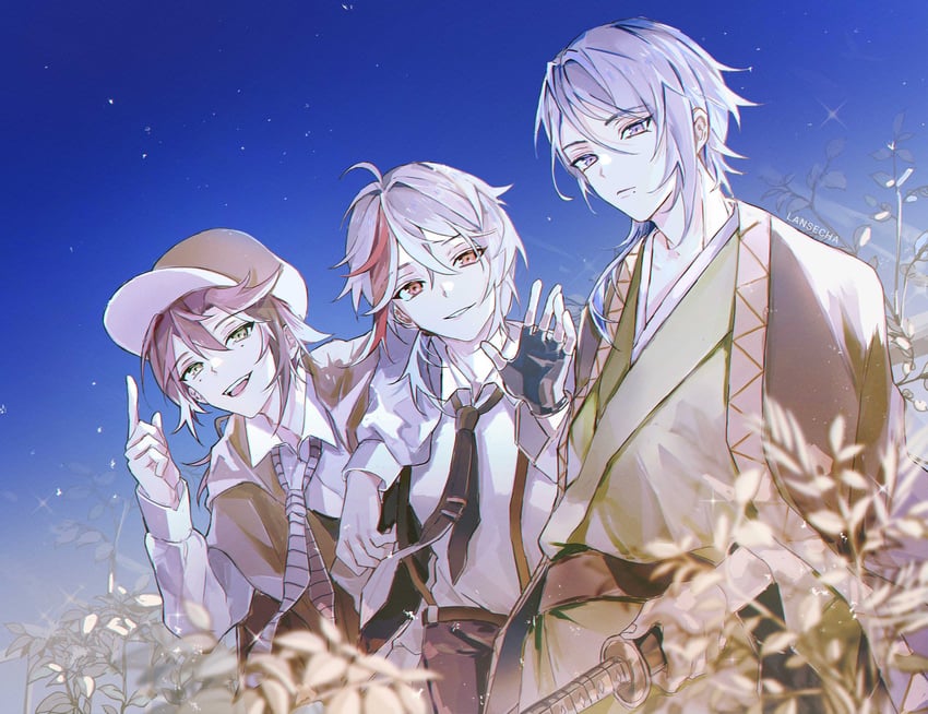 kaedehara kazuha, kamisato ayato, and shikanoin heizou (genshin impact) drawn by lansecha