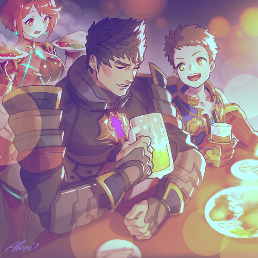 pyra, rex, and malos (xenoblade chronicles and 1 more) drawn by iroha_(akei0710)