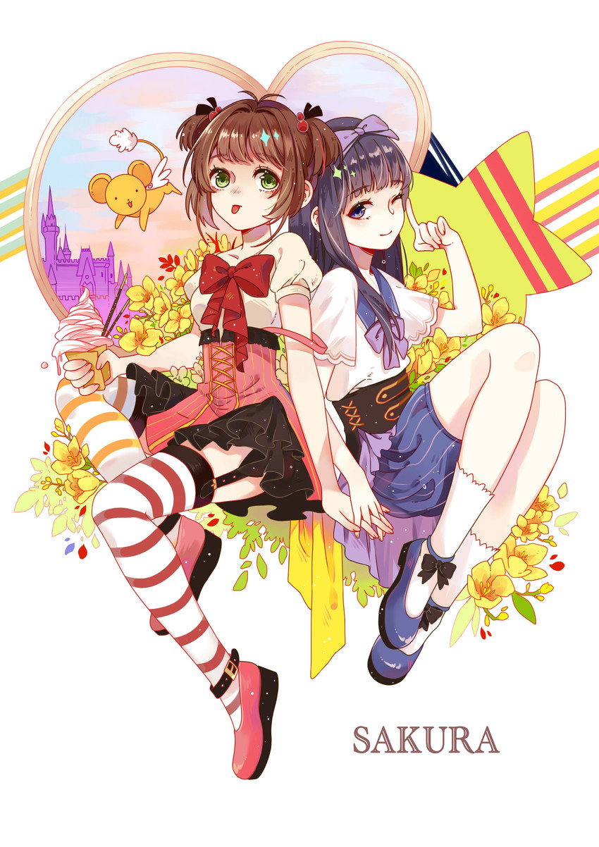 kinomoto sakura, kero, and daidouji tomoyo (cardcaptor sakura) drawn by mushi-ka