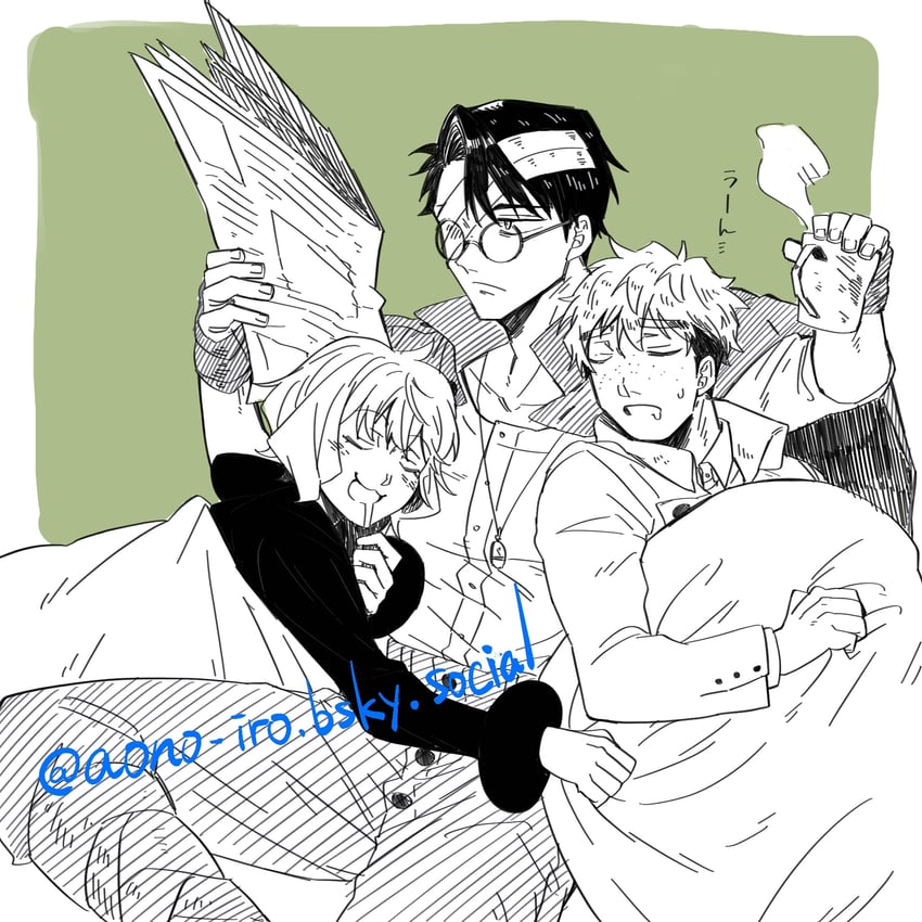 garett hopper, paul feuillatte, and mona puholukka (drunk bullet) drawn by aono-iro